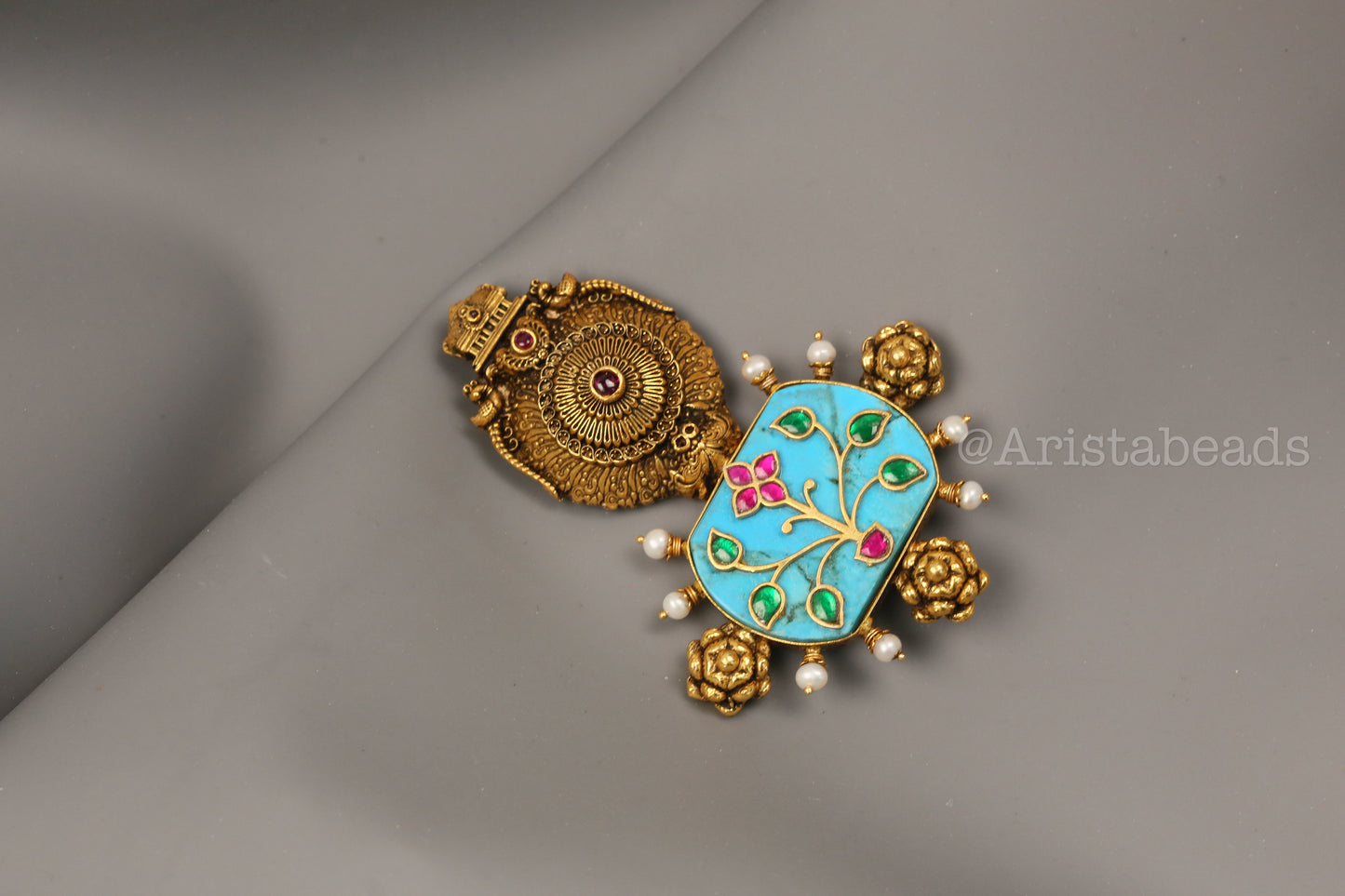 925 Silver Turquoise Kundan Inlay & Temple Motif Pendant