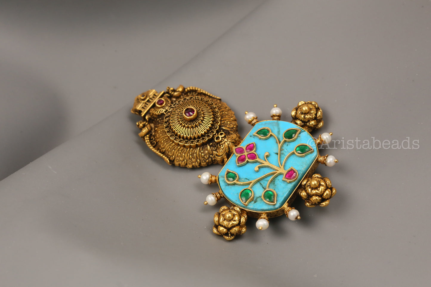 925 Silver Turquoise Kundan Inlay & Temple Motif Pendant