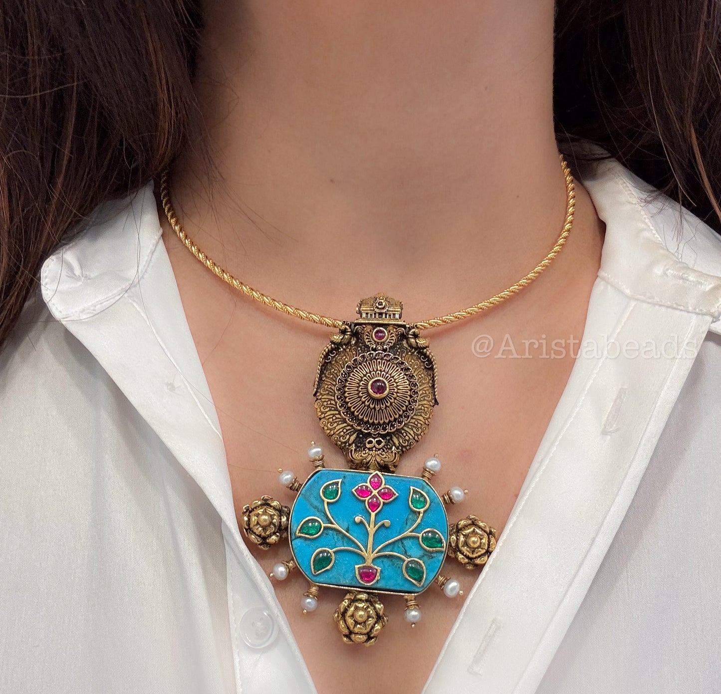 925 Silver Turquoise Kundan Inlay & Temple Motif Pendant