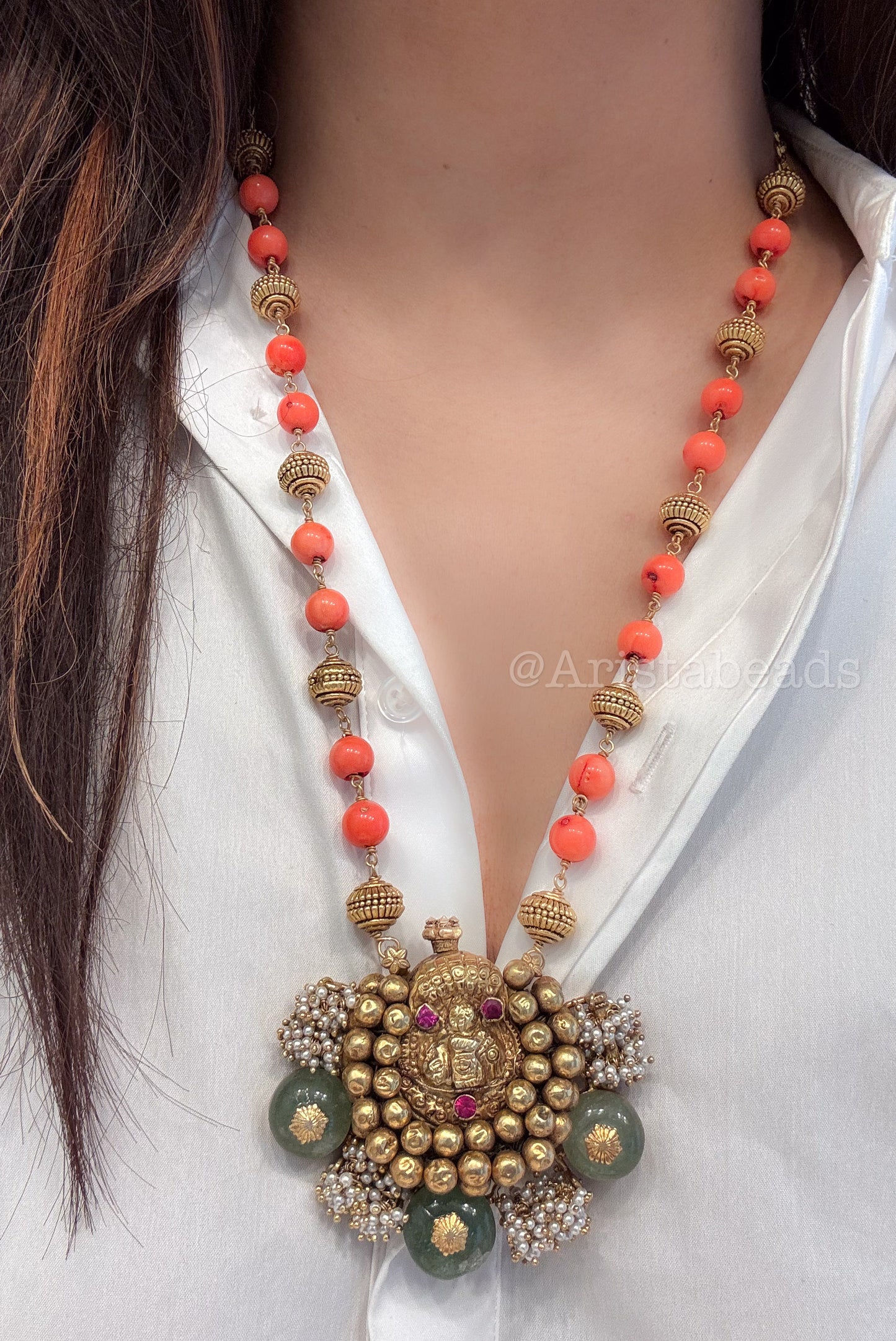 925 Silver Kemp Nagaru Necklace - Natural Pearls, Jade & Coral