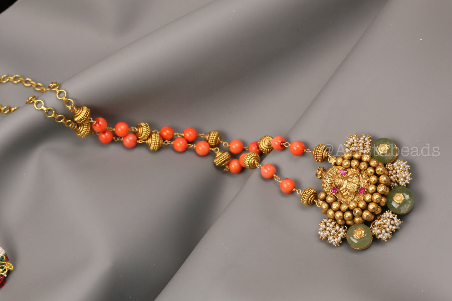 925 Silver Kemp Nagaru Necklace - Natural Pearls, Jade & Coral