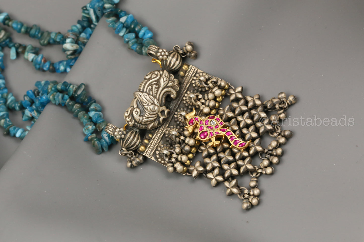 925 Silver Kundan Necklace In Turquoise Beads