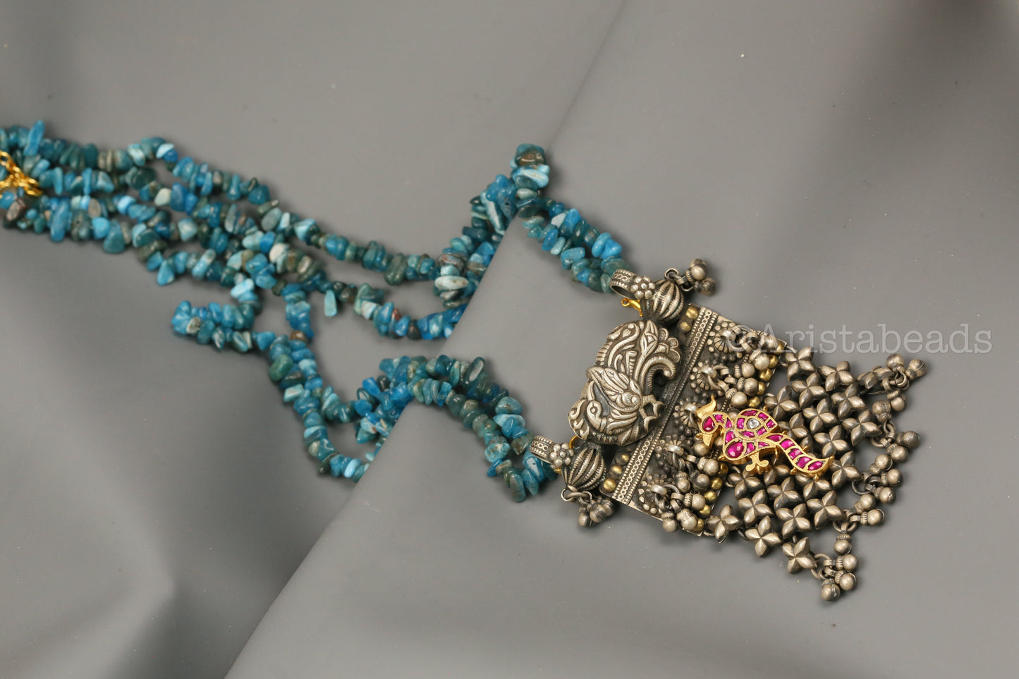 925 Silver Kundan Necklace In Turquoise Beads