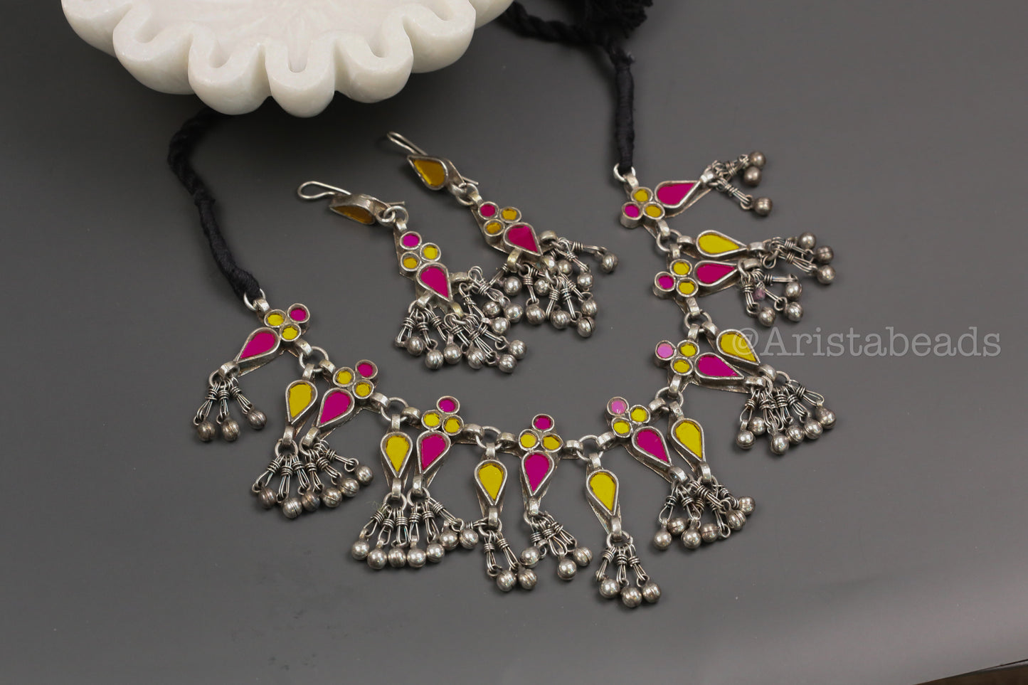 Aaina Real Glass Necklace Set - Yellow Pink