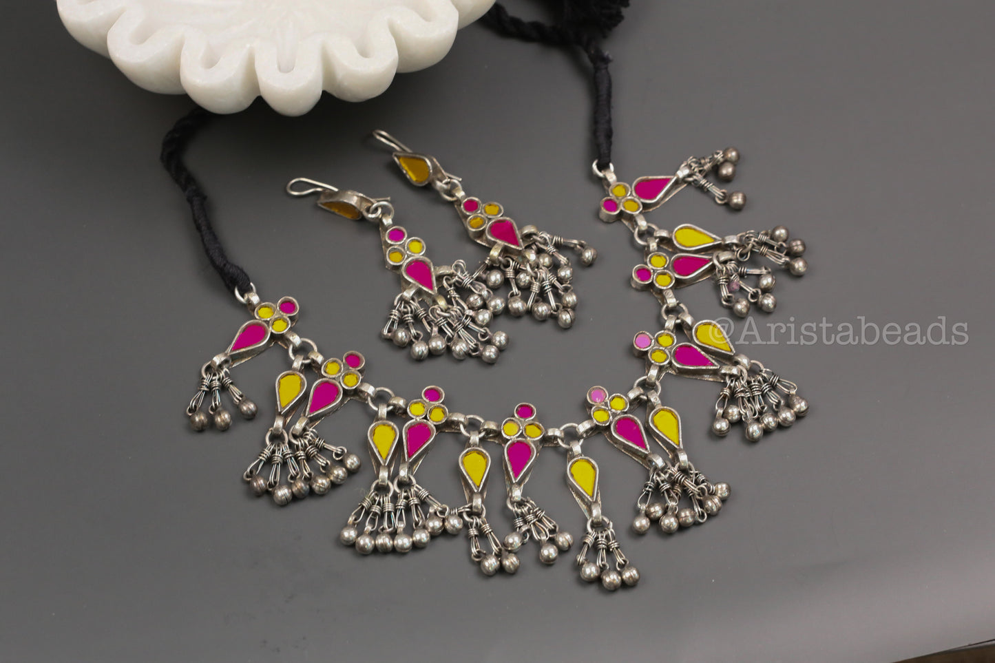 Aaina Real Glass Necklace Set - Yellow Pink