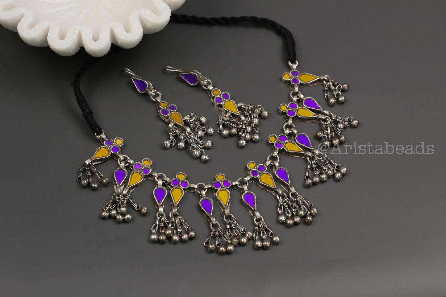 Aaina Real Glass Necklace Set - Yellow Purple
