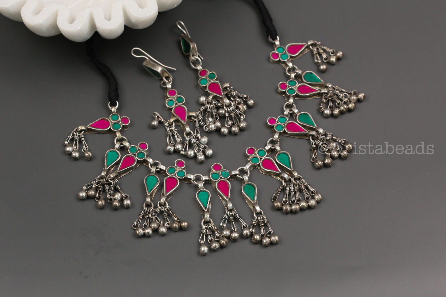 Aaina Real Glass Necklace Set -- Green Hot Pink