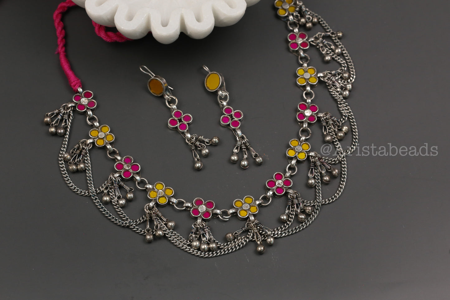 Reet Real Glass Necklace Set - Yellow Pink