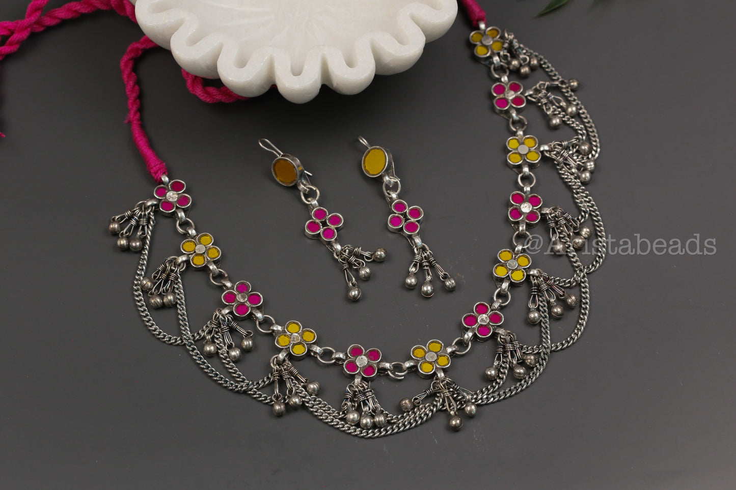 Reet Real Glass Necklace Set - Yellow Pink