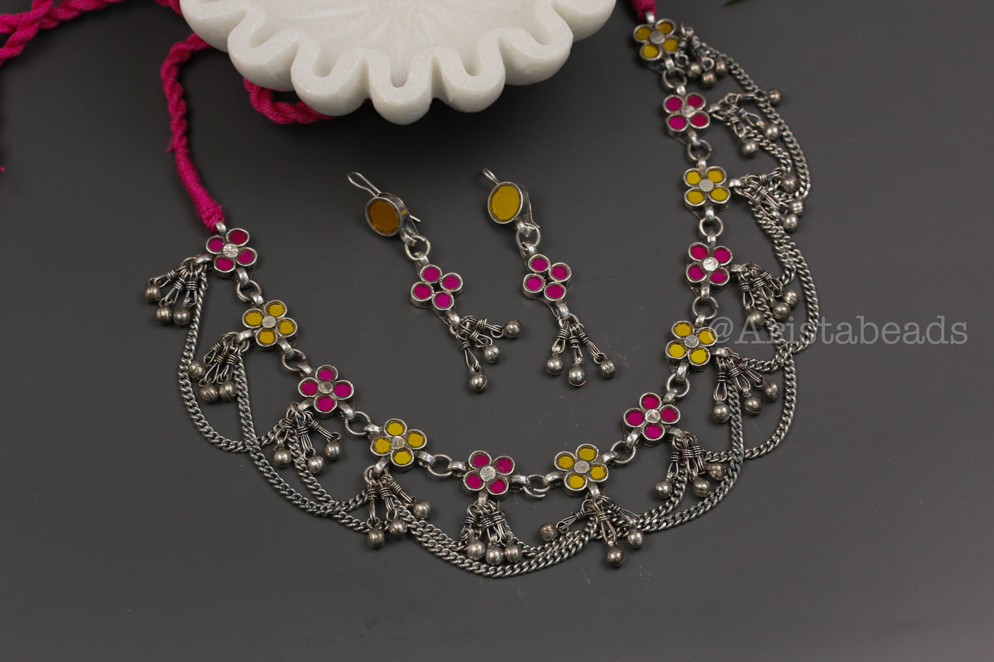 Reet Real Glass Necklace Set - Yellow Pink