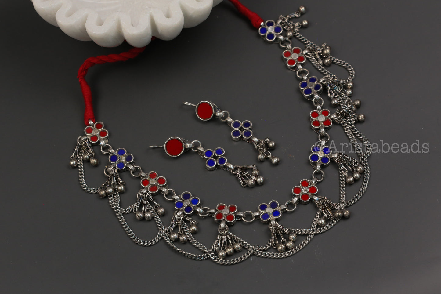 Reet Real Glass Necklace Set - Blue Red