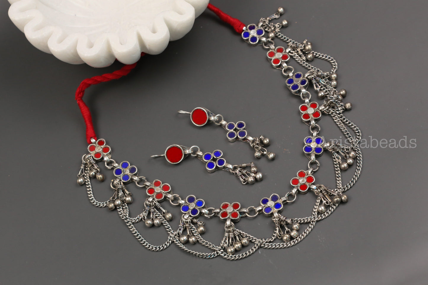 Reet Real Glass Necklace Set - Blue Red