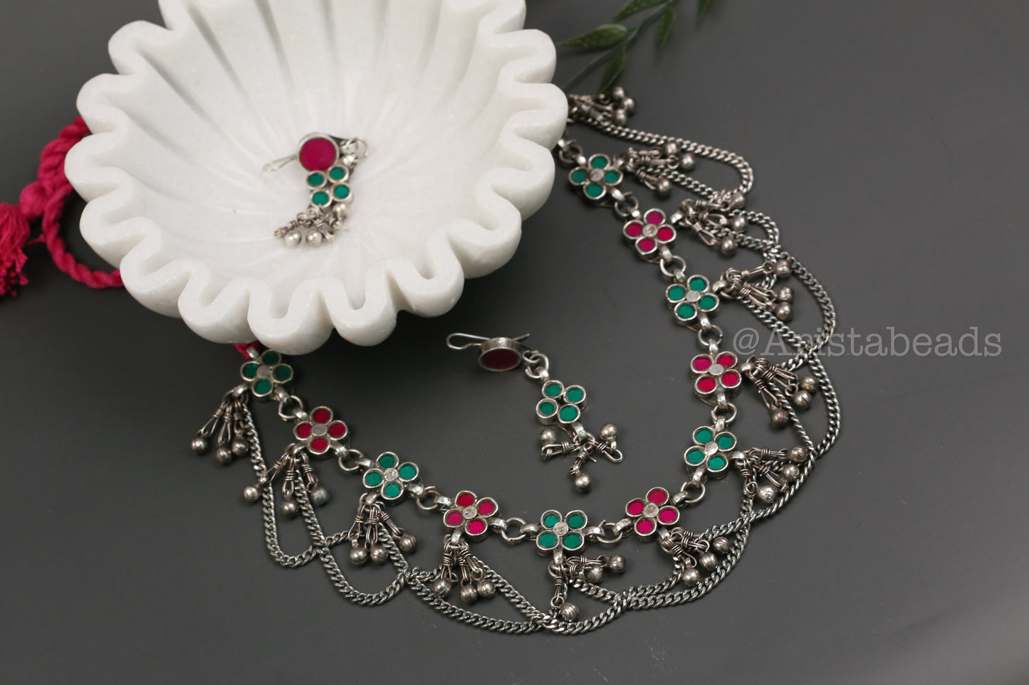 Reet Real Glass Necklace Set - Green Pink