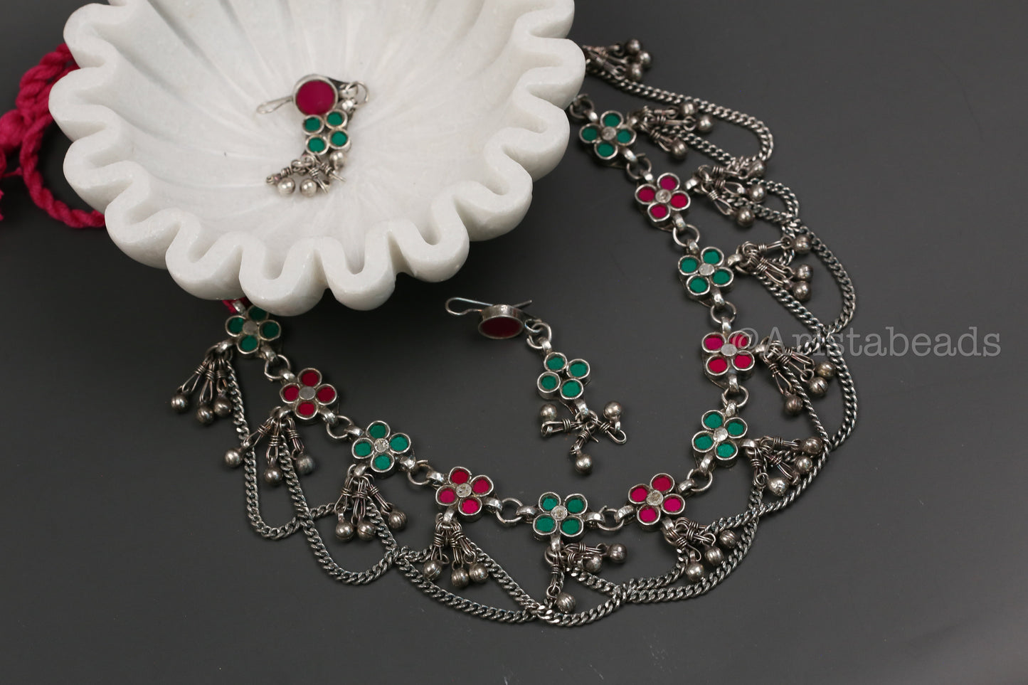Reet Real Glass Necklace Set - Green Pink