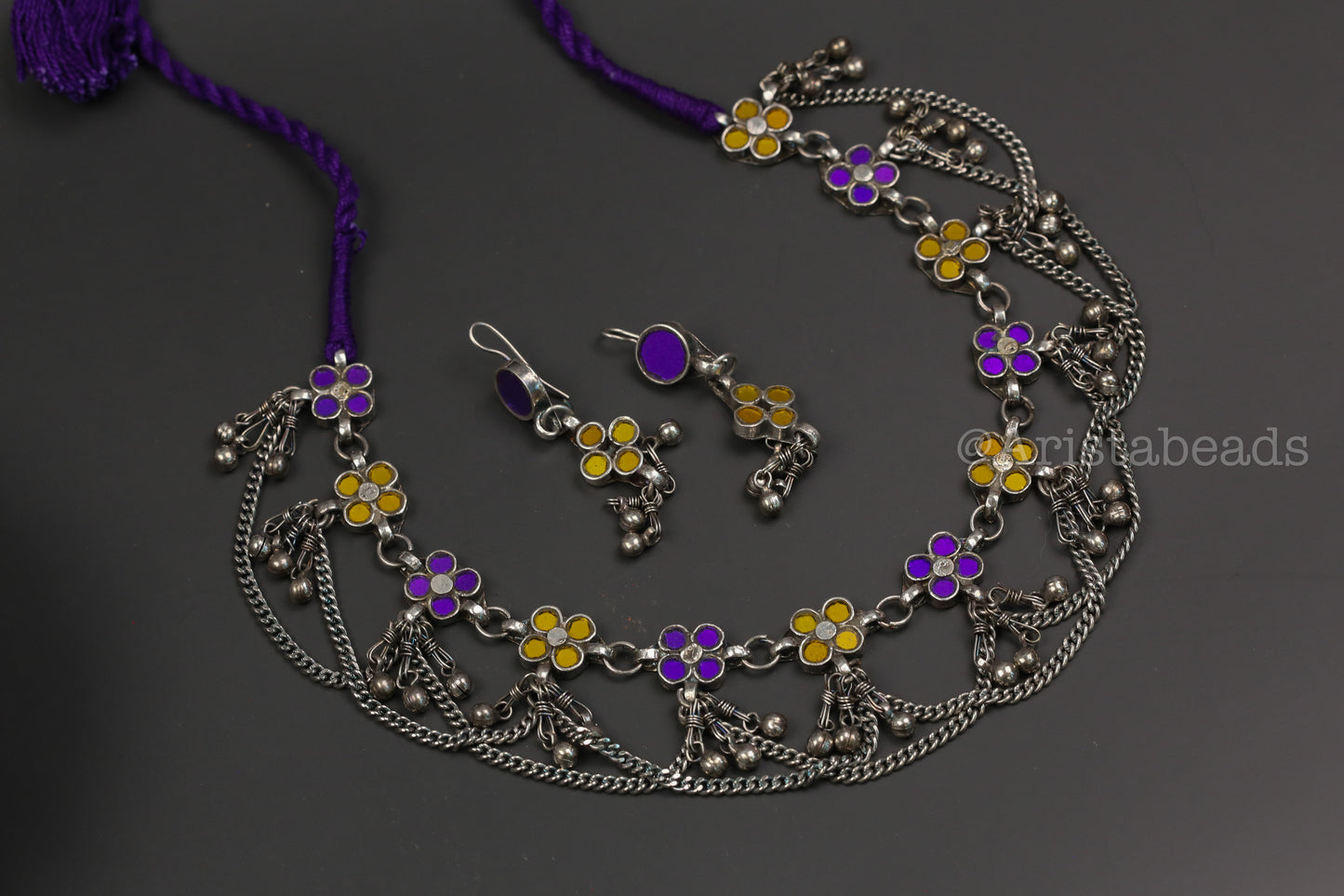 Reet Real Glass Necklace Set - Yellow Purple