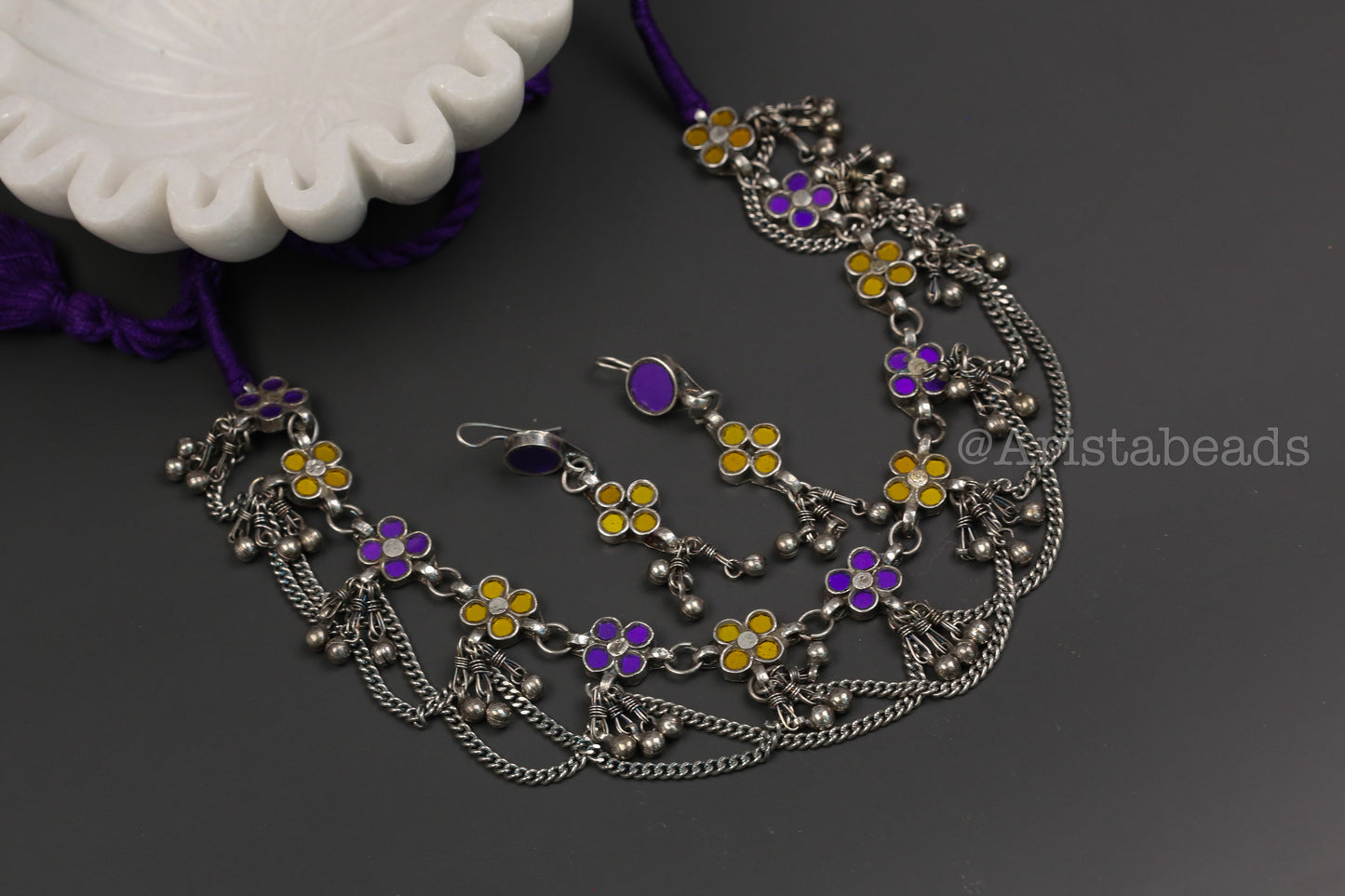 Reet Real Glass Necklace Set - Yellow Purple