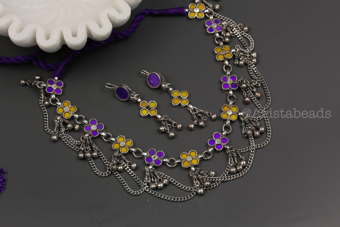 Reet Real Glass Necklace Set - Yellow Purple