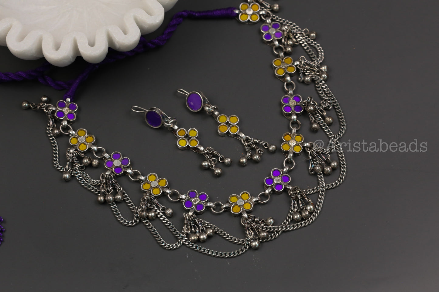 Reet Real Glass Necklace Set - Yellow Purple