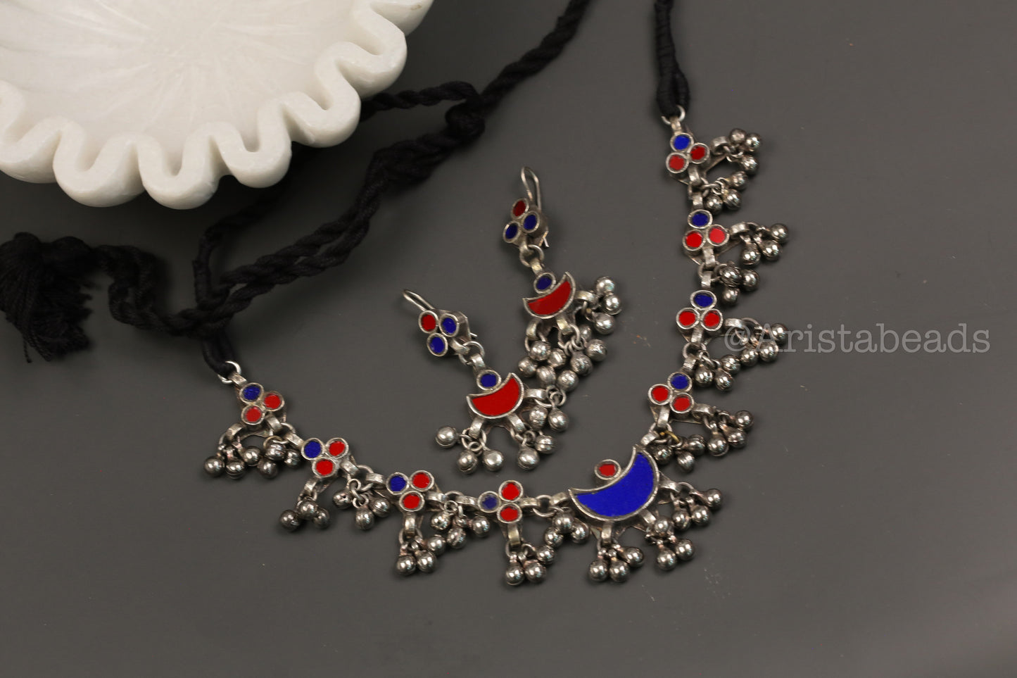 Anuja Real Glass Necklace Set - Red Blue