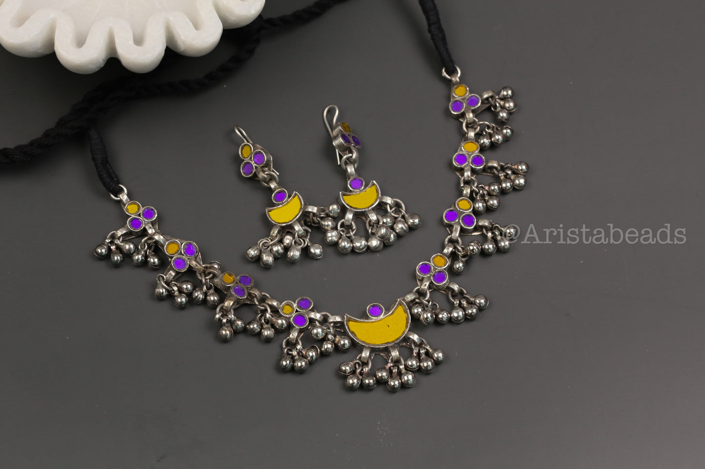 Anuja Real Glass Necklace Set - Yellow Purple