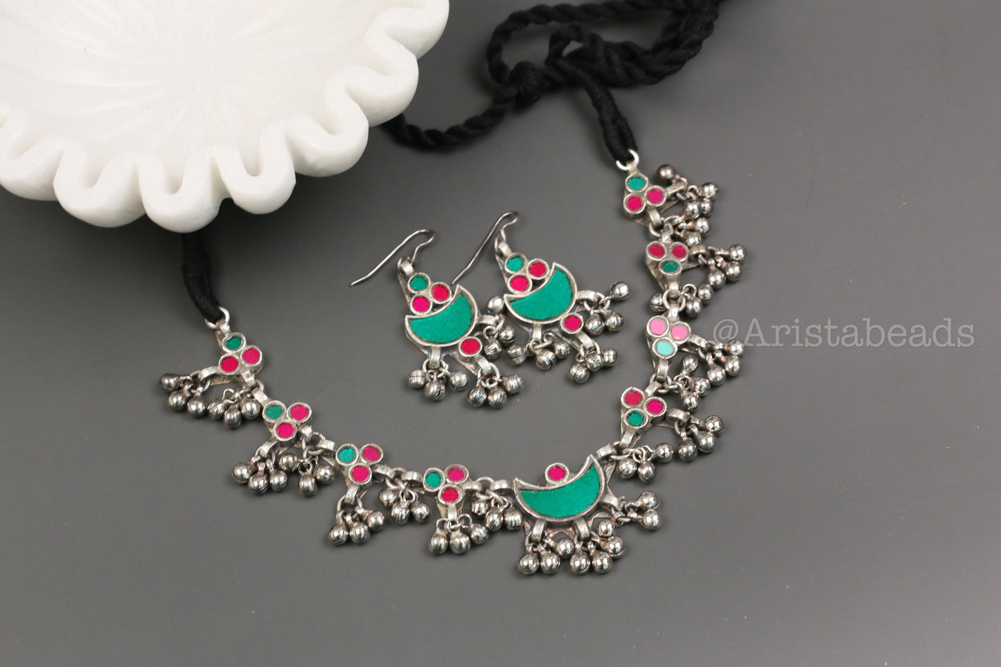 Anuja Real Glass Necklace Set - Green Red