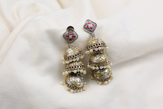 Khushi Kundan Fusion Layered Jhumka - Ruby (ABJOC-23)