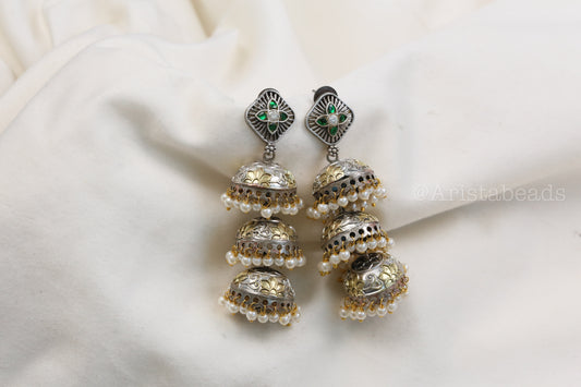 Khushi Kundan Fusion Layered Jhumka - Green (ABJOC-24)