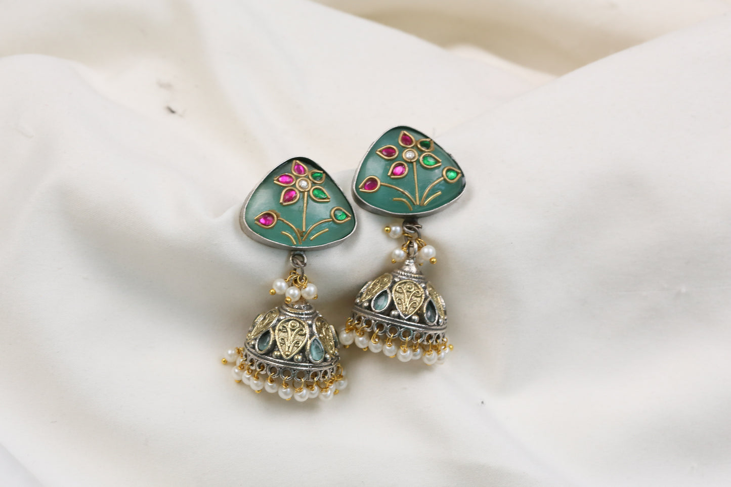 Preeti Kundan Fusion Jhumka - Mint (ABJOC-34)