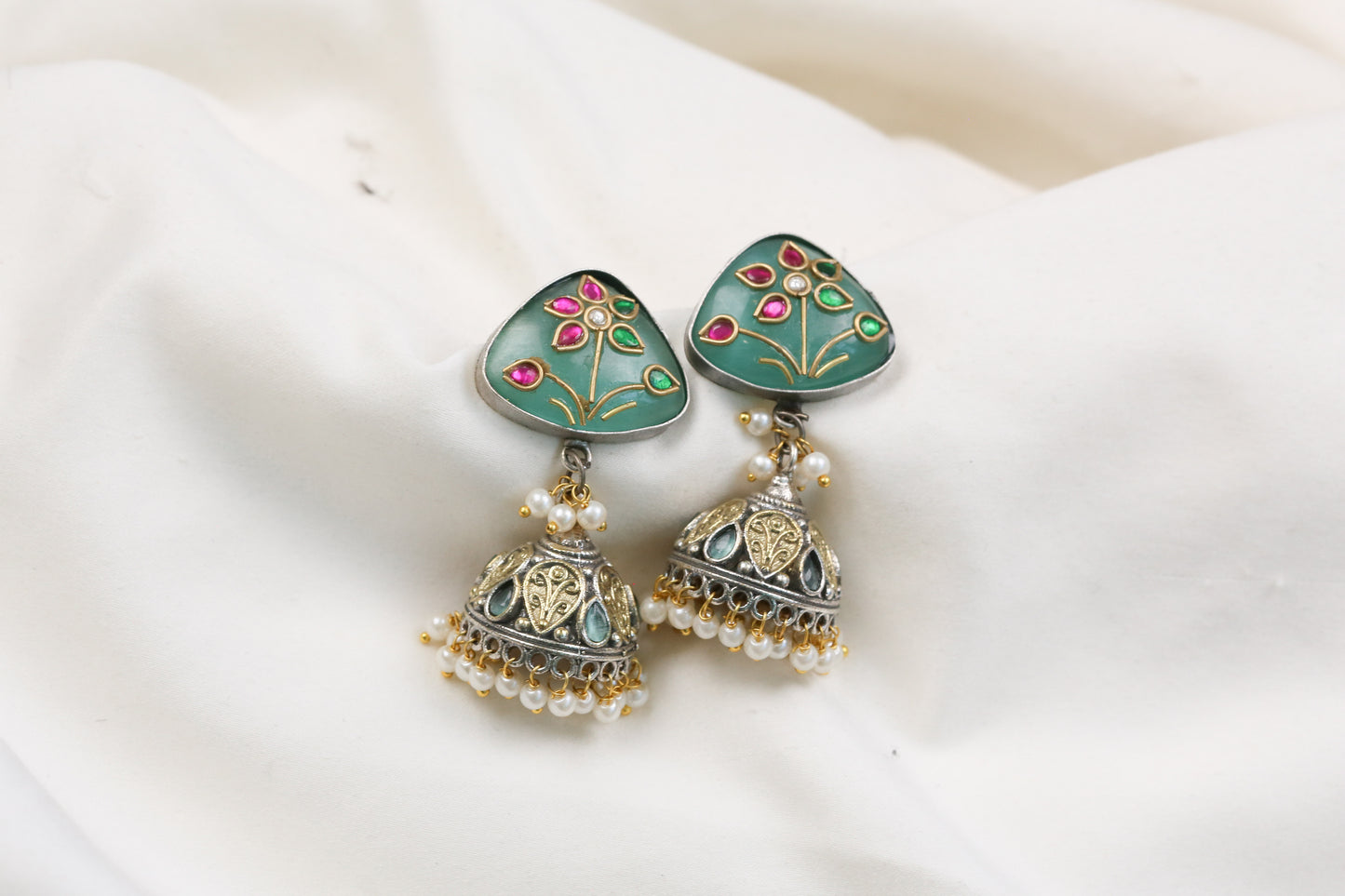 Preeti Kundan Fusion Jhumka - Mint (ABJOC-34)