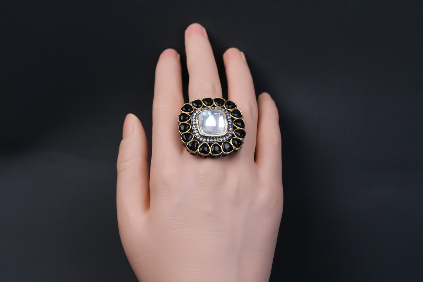 Premium Pota & Kundan Polki Ring - Black