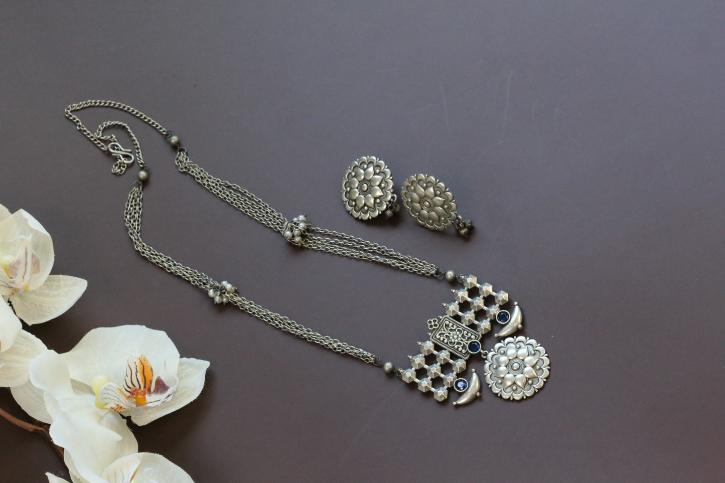 Sana Oxidized Silver Look Necklace Set -Blue