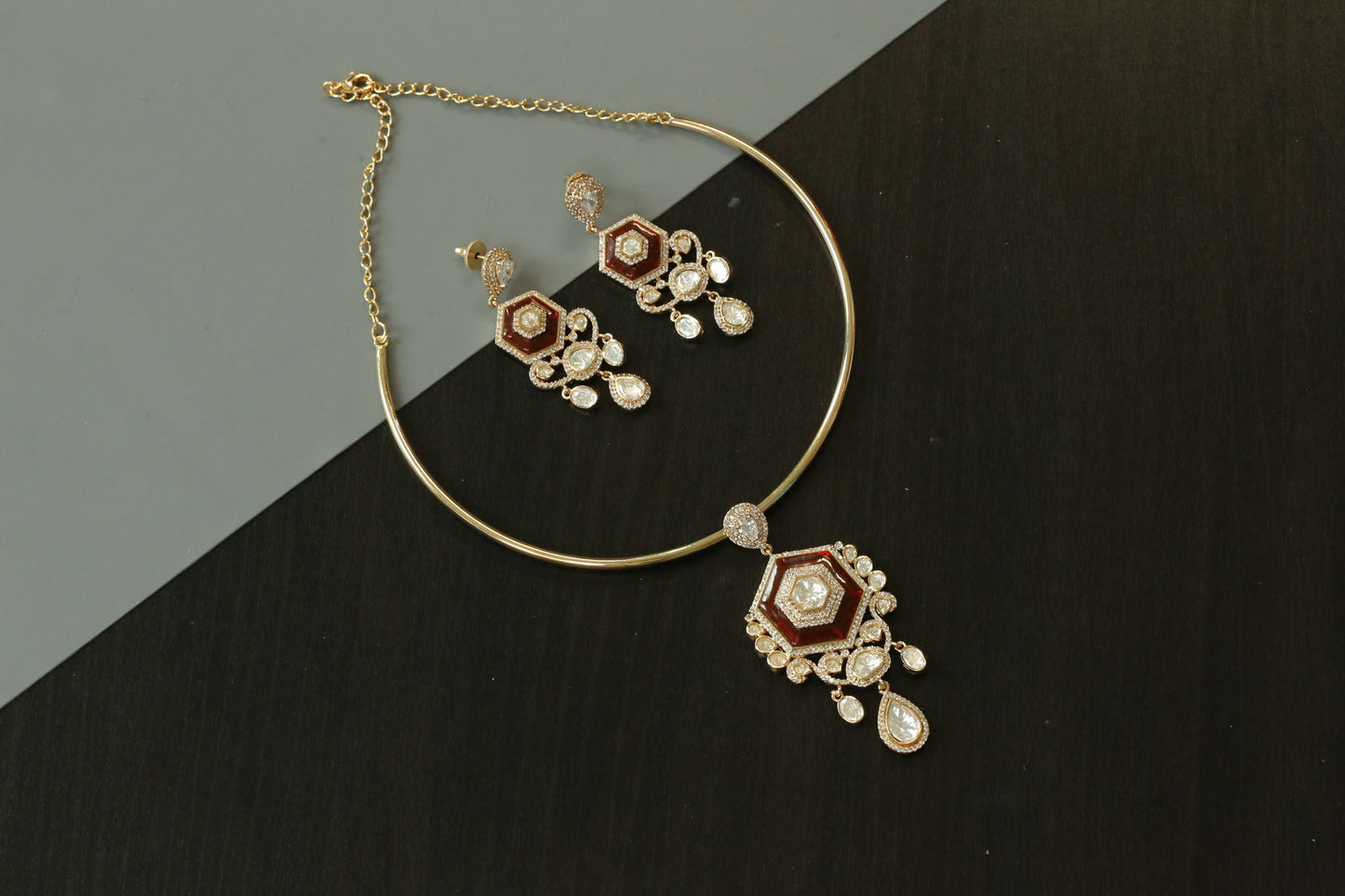 Dainty Red Pota Stone & Kundan Hasli Set