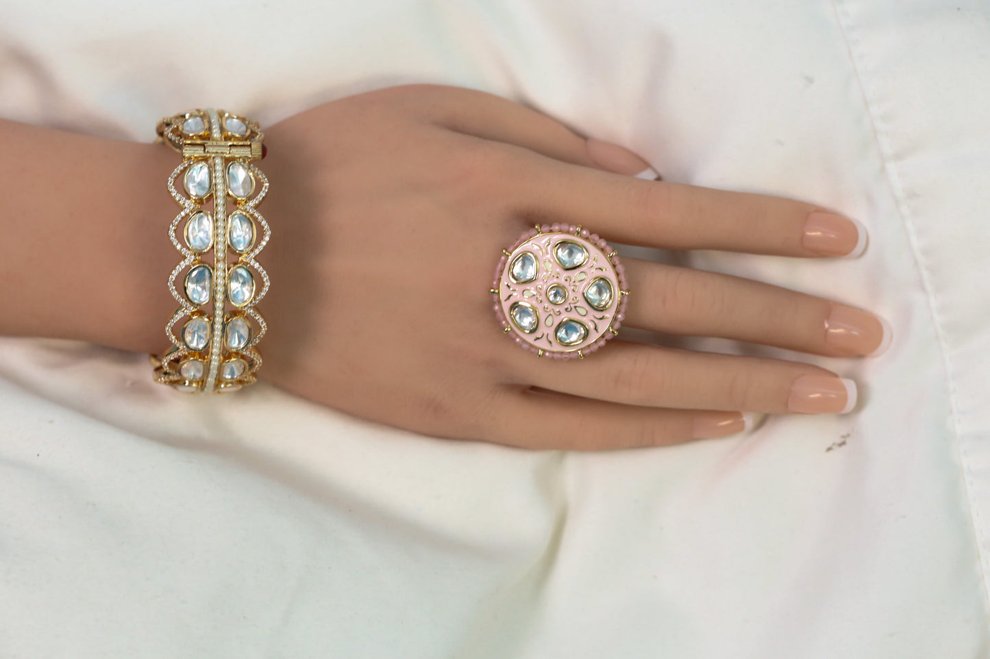 Kundan Meenakari Ring ( Adjustable) - Pink