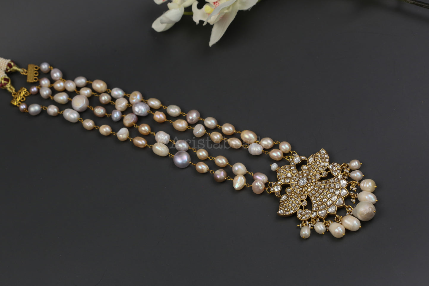 Real Fresh Water Pearls Jadau Necklace - Clear (V102-13)