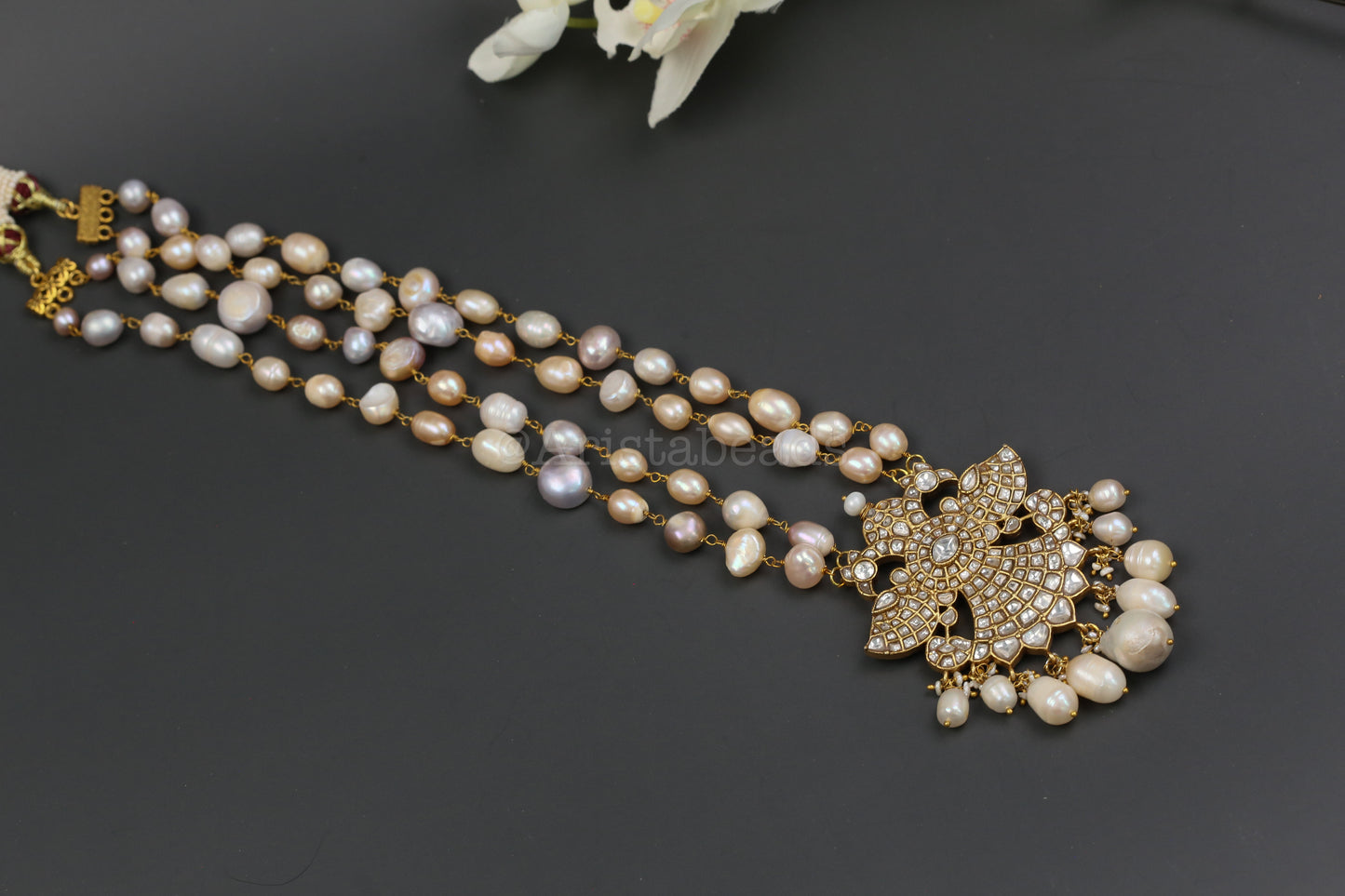 Real Fresh Water Pearls Jadau Necklace - Clear (V102-13)