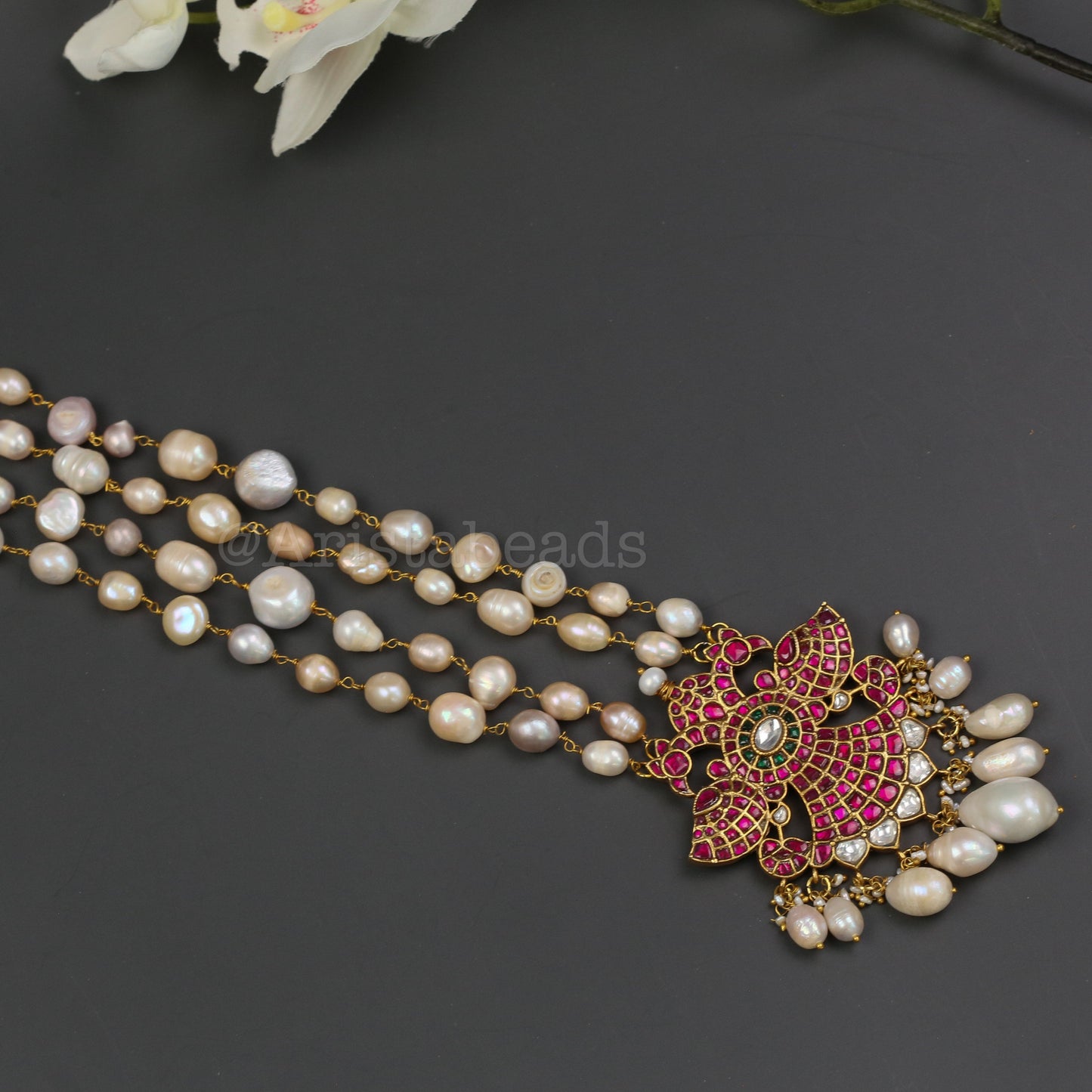 Real Fresh Water Pearls Jadau Necklace -Ruby Clear (V102-14)