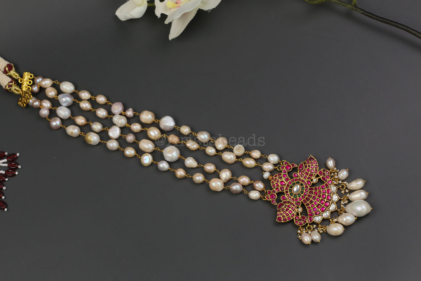 Real Fresh Water Pearls Jadau Necklace -Ruby Clear (V102-14)