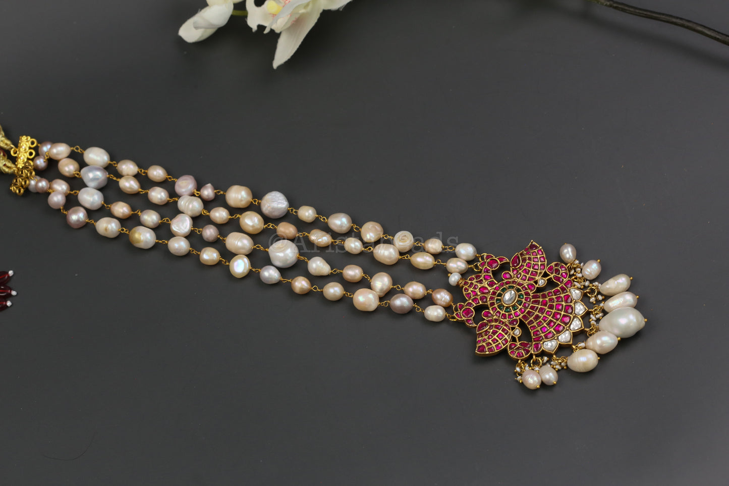 Real Fresh Water Pearls Jadau Necklace -Ruby Clear (V102-14)