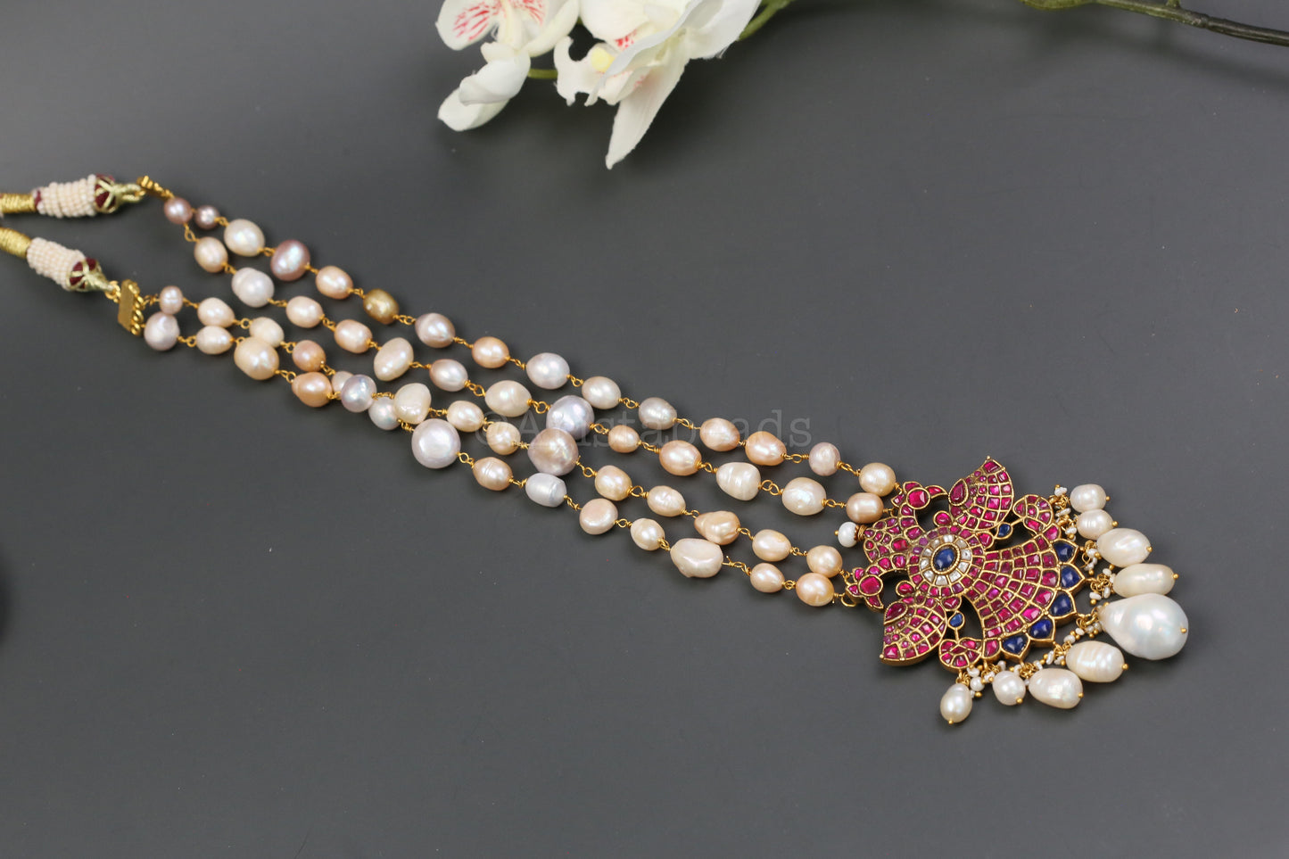 Real Fresh Water Pearls Jadau Necklace -Ruby Blue (V102-15)
