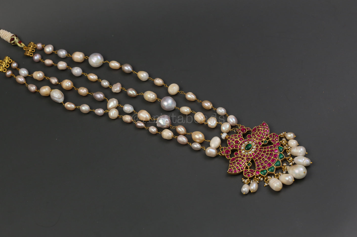 Real Fresh Water Pearls Jadau Necklace -Ruby Green (V102-16)