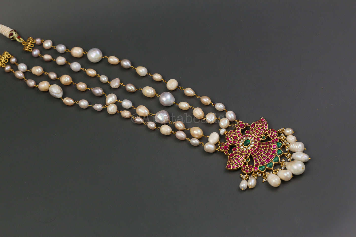 Real Fresh Water Pearls Jadau Necklace -Ruby Green (V102-16)