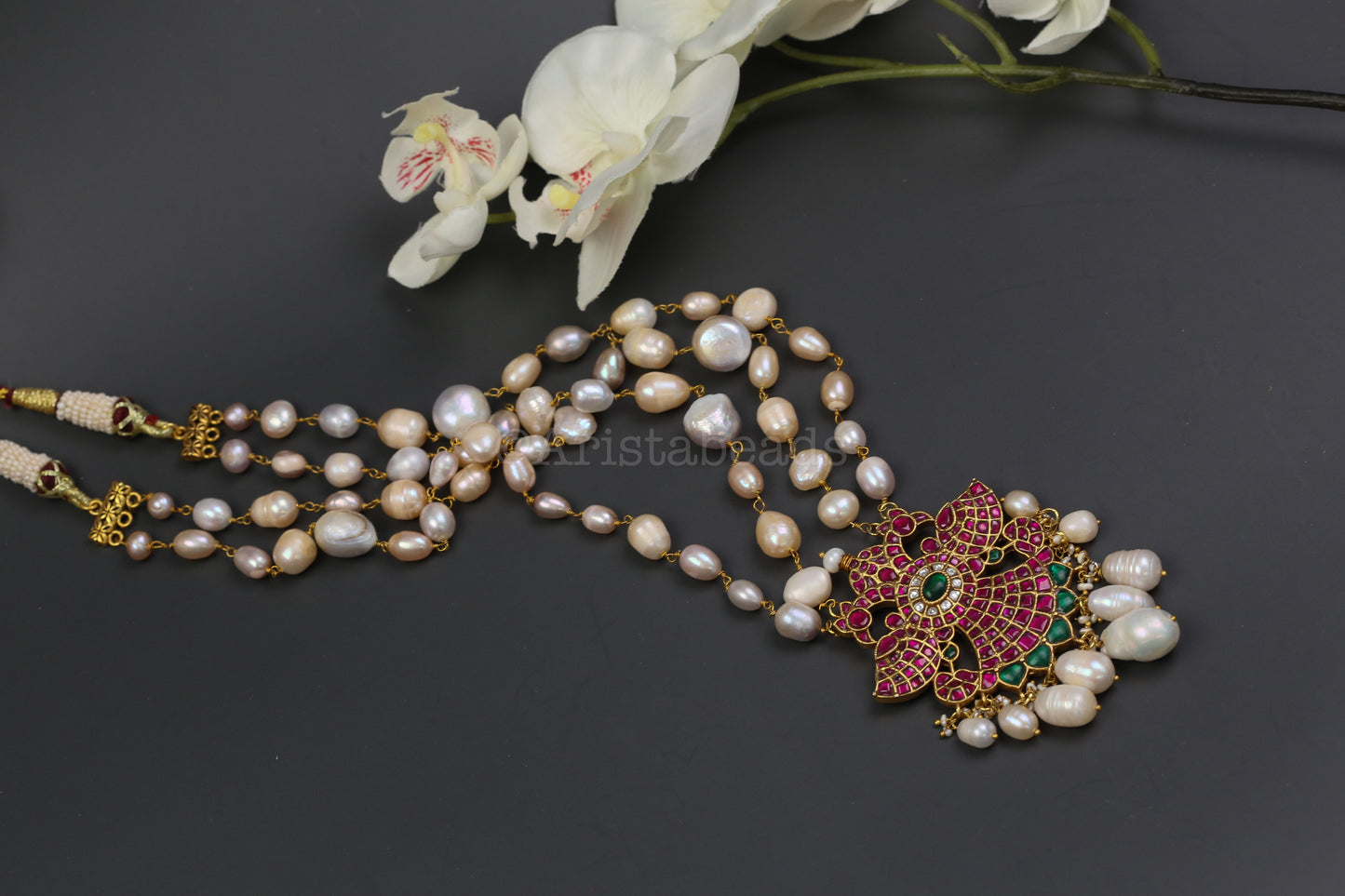 Real Fresh Water Pearls Jadau Necklace -Ruby Green (V102-16)