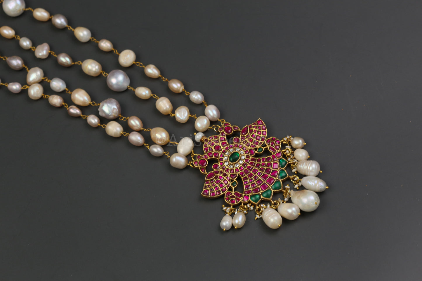 Real Fresh Water Pearls Jadau Necklace -Ruby Green (V102-16)