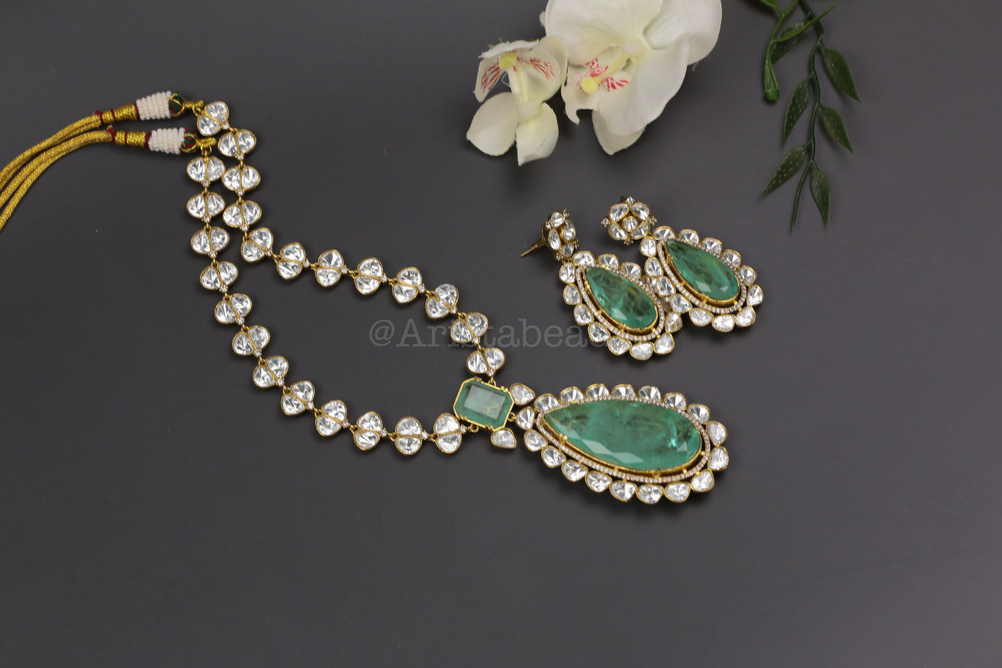 Premium Uncut Polki & Doblet Necklace Set - Mint