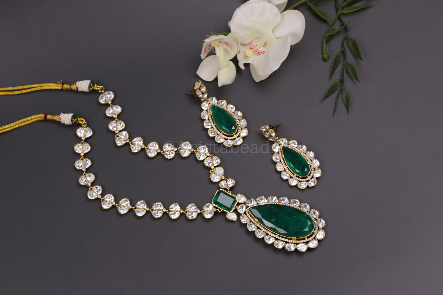 Premium Uncut Polki & Doblet Necklace Set - Green