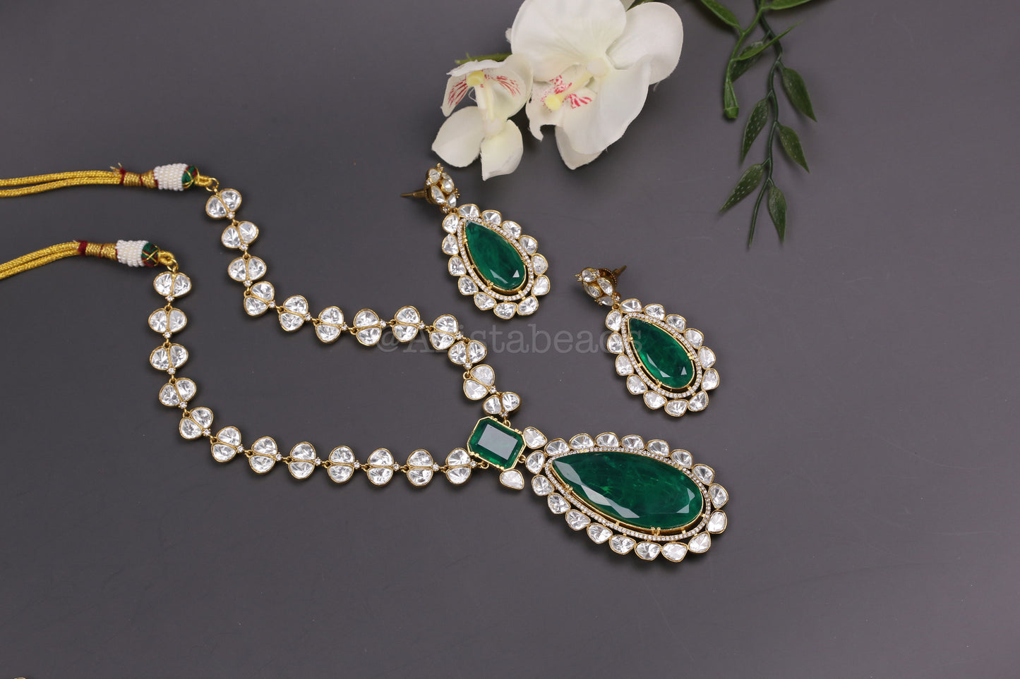 Premium Uncut Polki & Doblet Necklace Set - Green
