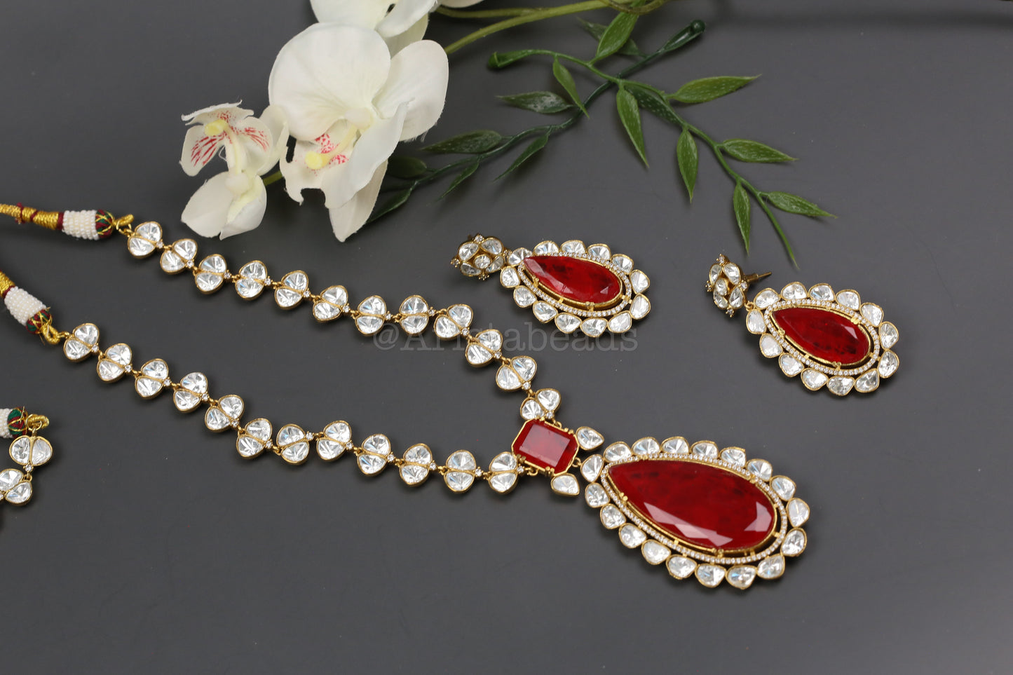 Premium Uncut Polki & Doblet Necklace Set -Red