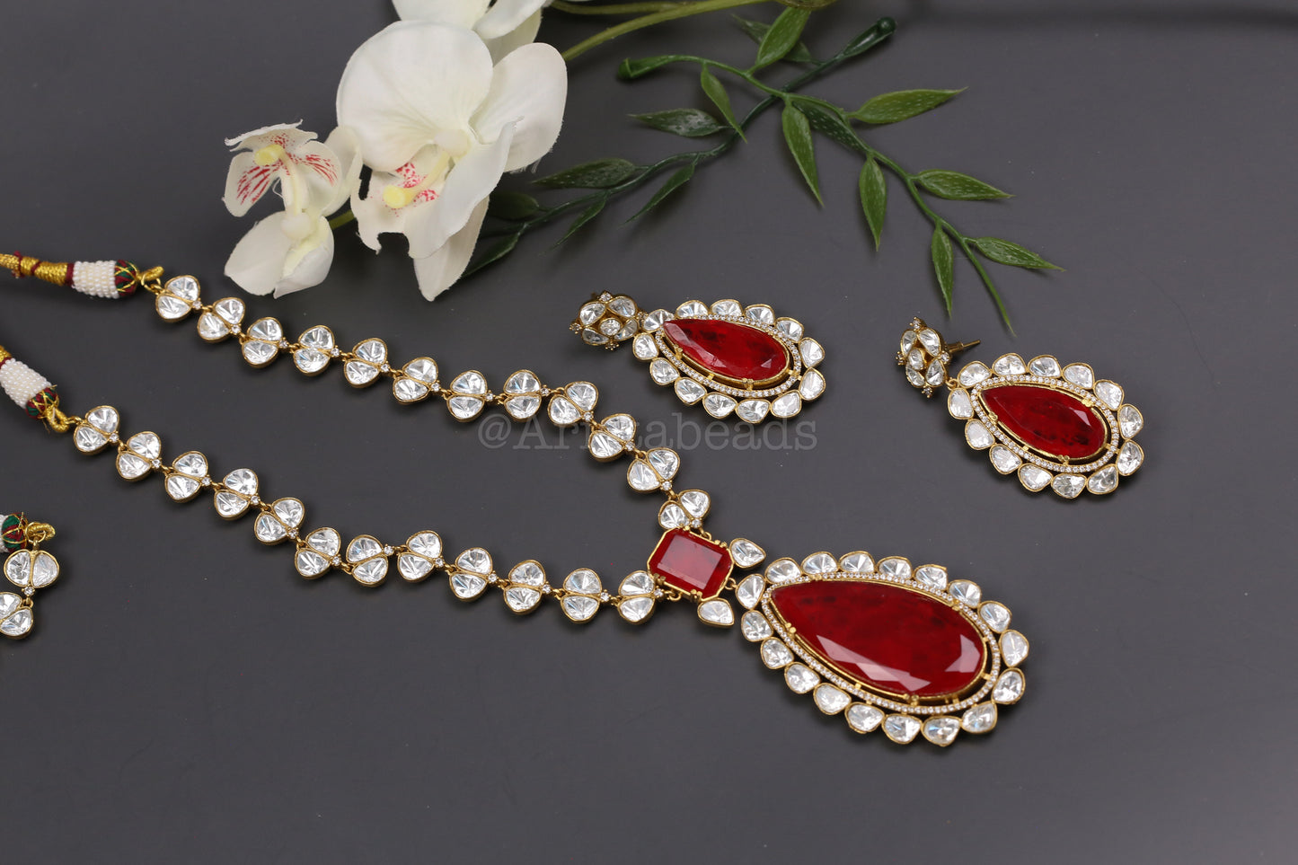 Premium Uncut Polki & Doblet Necklace Set -Red