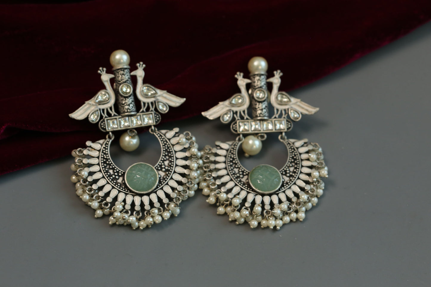 Peacock Kundan Enamel Chandbaali - Silver Finish