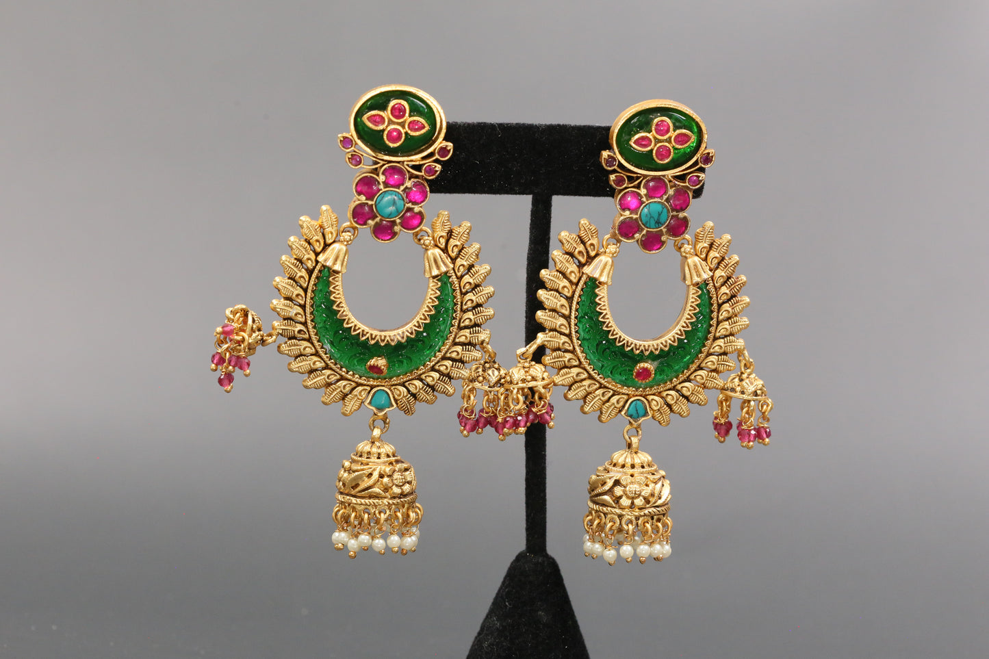 Lakshmi Carved Stone Kundan Jhumka - Green